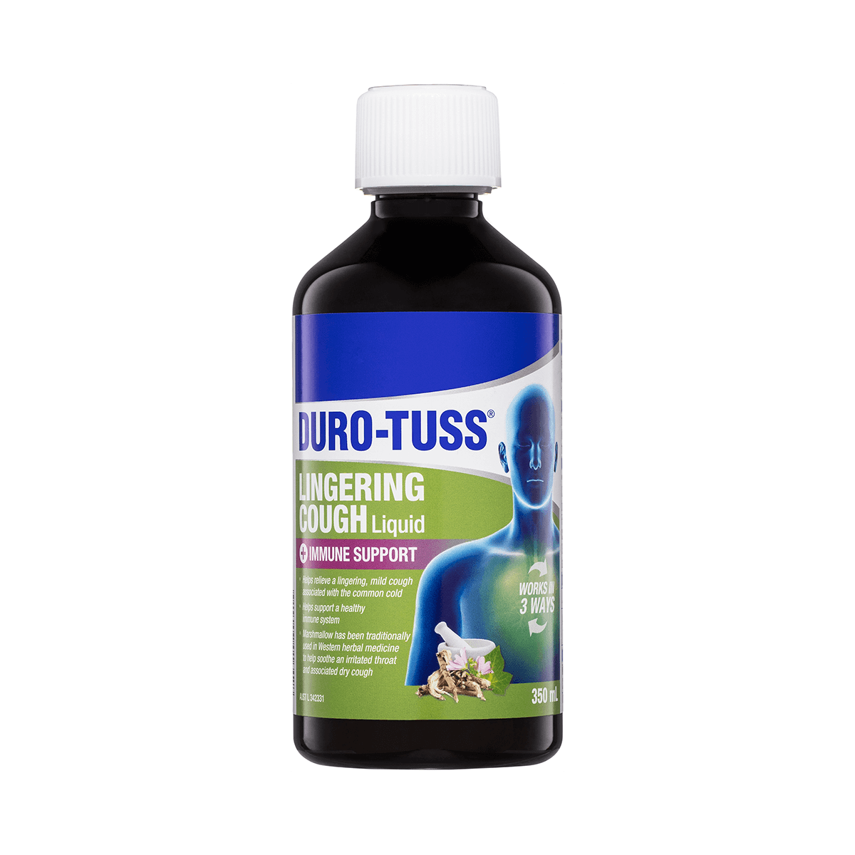 Front view of Duro-Tuss Lingering Cough Liquid with Immune Support, 350mL bottle.